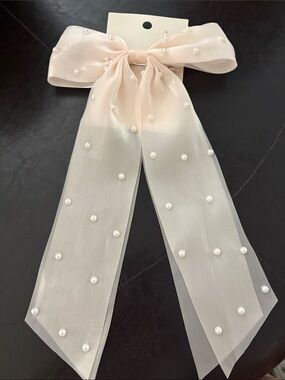Sheer Pearl-Studded Ribbon Hair Bow